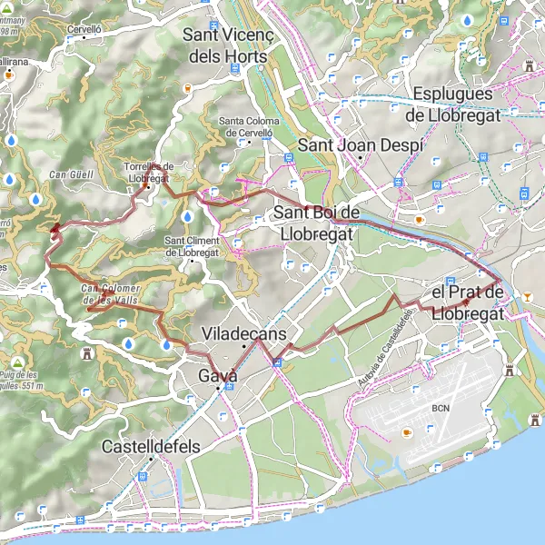 Miniatuurkaart van de fietsinspiratie "Gravelavontuur door Sant Boi de Llobregat" in Cataluña, Spain. Gemaakt door de Tarmacs.app fietsrouteplanner