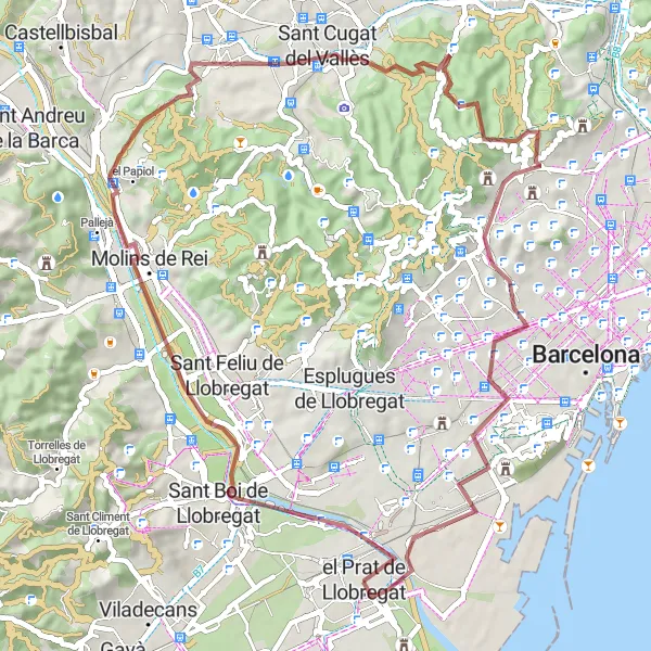 Miniaturní mapa "Krátká gravelová cyklotrasa v okolí El Prat de Llobregat" inspirace pro cyklisty v oblasti Cataluña, Spain. Vytvořeno pomocí plánovače tras Tarmacs.app