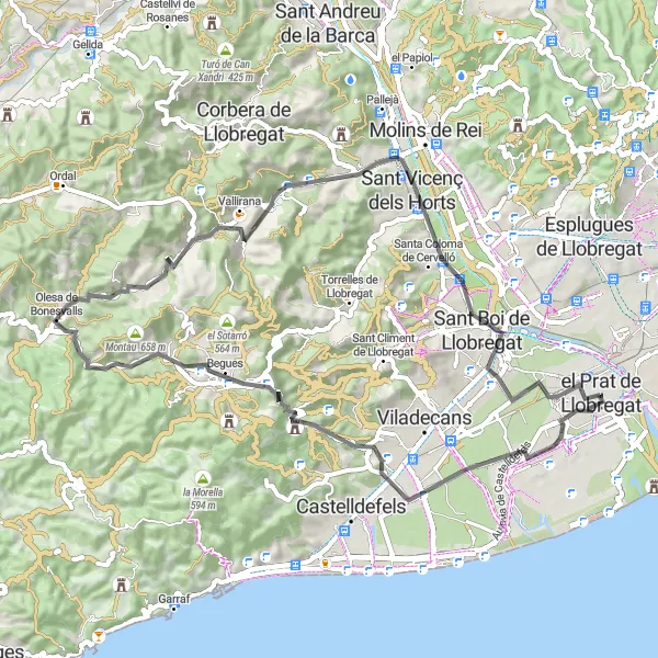 Miniatura della mappa di ispirazione al ciclismo "Lunga Pedalata Road da El Prat de Llobregat" nella regione di Cataluña, Spain. Generata da Tarmacs.app, pianificatore di rotte ciclistiche