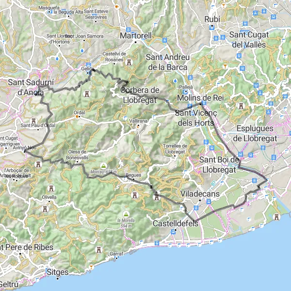 Miniatura della mappa di ispirazione al ciclismo "Percorso ciclistico da el Prat de Llobregat a Mirador de cal Monjo" nella regione di Cataluña, Spain. Generata da Tarmacs.app, pianificatore di rotte ciclistiche