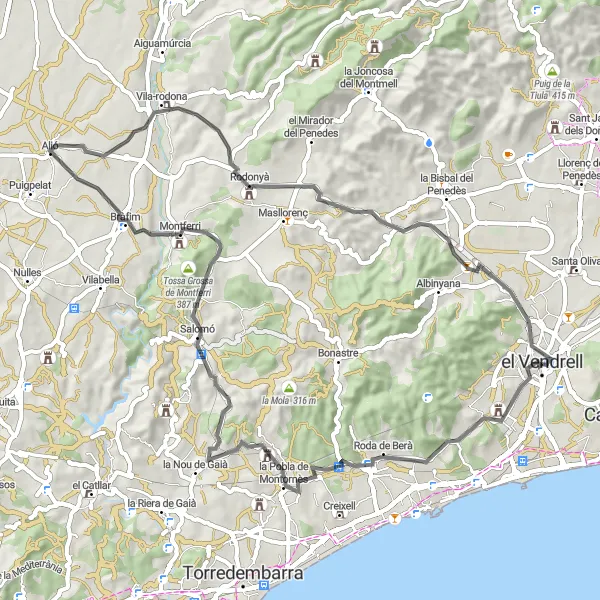 Miniatua del mapa de inspiración ciclista "Ruta Road to Rodonyà" en Cataluña, Spain. Generado por Tarmacs.app planificador de rutas ciclistas