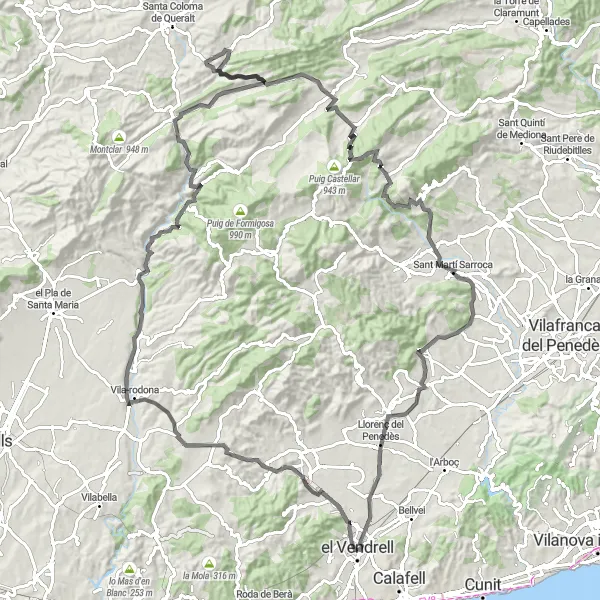 Miniaturní mapa "Náročná silniční trasa kolem El Vendrell" inspirace pro cyklisty v oblasti Cataluña, Spain. Vytvořeno pomocí plánovače tras Tarmacs.app