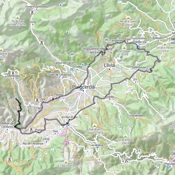 Miniatura della mappa di ispirazione al ciclismo "Percorso ciclistico verso Éller" nella regione di Cataluña, Spain. Generata da Tarmacs.app, pianificatore di rotte ciclistiche