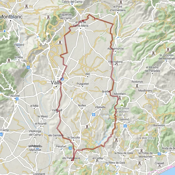Map miniature of "Tossal Roig and Valls Gravel Loop" cycling inspiration in Cataluña, Spain. Generated by Tarmacs.app cycling route planner