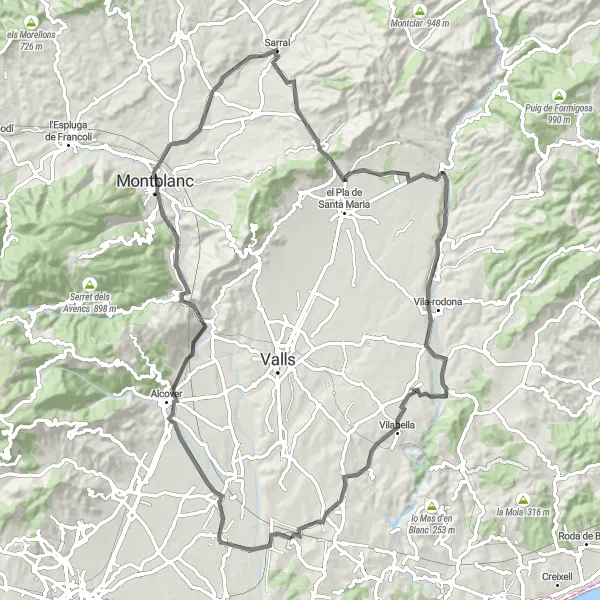 Map miniature of "Road Cycling Paradise: Vilallonga del Camp to la Secuita" cycling inspiration in Cataluña, Spain. Generated by Tarmacs.app cycling route planner