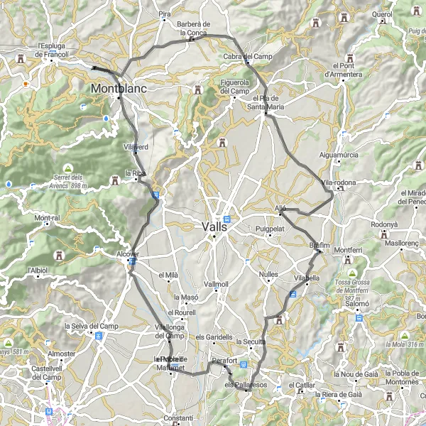 Map miniature of "Mountainous Challenge" cycling inspiration in Cataluña, Spain. Generated by Tarmacs.app cycling route planner