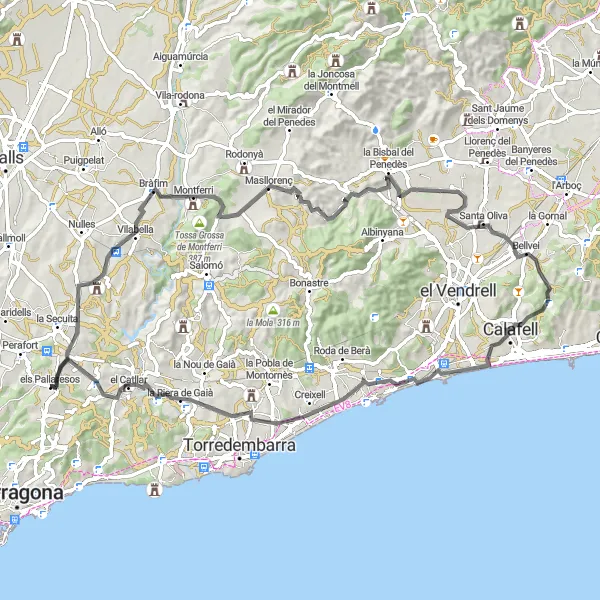 Map miniature of "Scenic Vineyards and Castles" cycling inspiration in Cataluña, Spain. Generated by Tarmacs.app cycling route planner