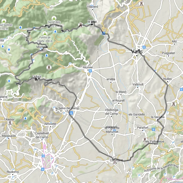 Miniature de la carte de l'inspiration cycliste "Les Collines Catalanes" dans la Cataluña, Spain. Générée par le planificateur d'itinéraire cycliste Tarmacs.app