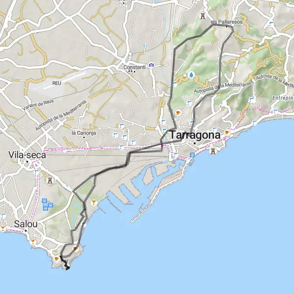 Miniatua del mapa de inspiración ciclista "Ruta de ciclismo de carretera por Salou y Tarragona" en Cataluña, Spain. Generado por Tarmacs.app planificador de rutas ciclistas