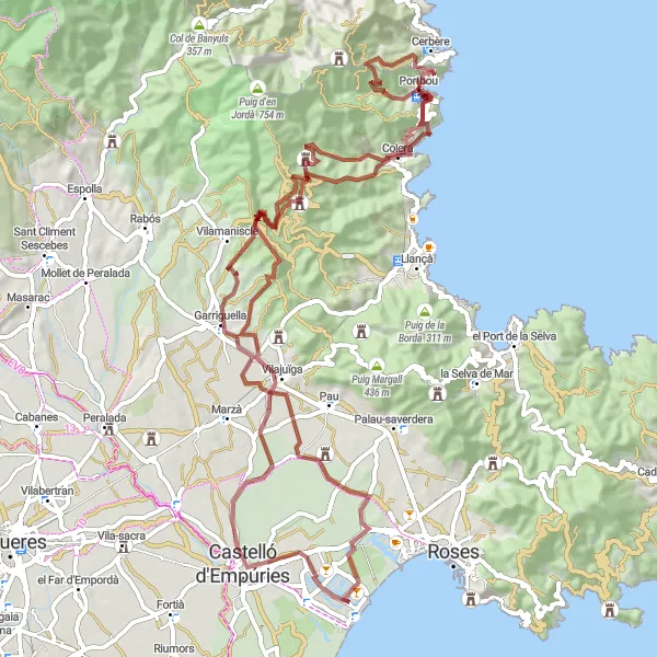 Map miniature of "Gravel Adventure through Alt Empordà" cycling inspiration in Cataluña, Spain. Generated by Tarmacs.app cycling route planner
