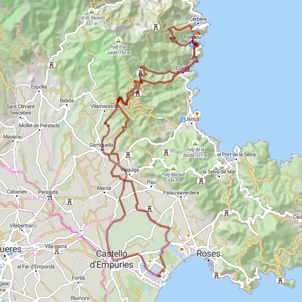 Miniatuurkaart van de fietsinspiratie "Gravelpad door Vilajuïga en Portbou" in Cataluña, Spain. Gemaakt door de Tarmacs.app fietsrouteplanner