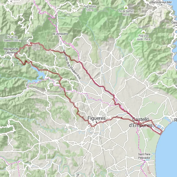 Map miniature of "Gravel Adventure in Serra de Rosselló" cycling inspiration in Cataluña, Spain. Generated by Tarmacs.app cycling route planner