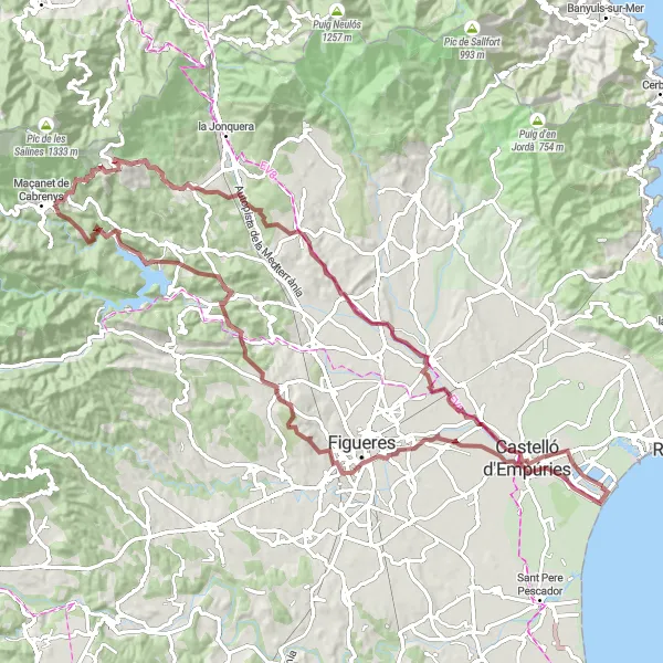 Miniatuurkaart van de fietsinspiratie "Gravelpad naar Vila-sacra en la Vajol" in Cataluña, Spain. Gemaakt door de Tarmacs.app fietsrouteplanner