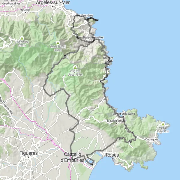 Miniaturní mapa "Marzà to Castell de Bufalaranya road cycling route" inspirace pro cyklisty v oblasti Cataluña, Spain. Vytvořeno pomocí plánovače tras Tarmacs.app