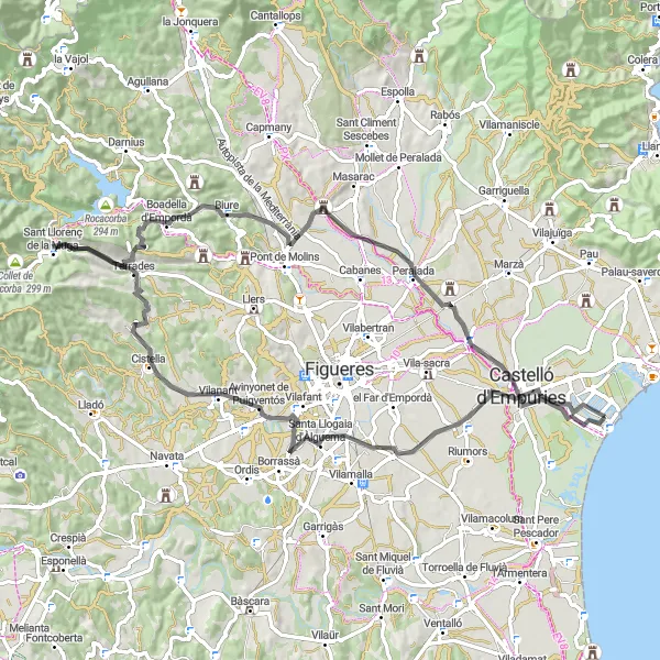 Miniatura della mappa di ispirazione al ciclismo "Scoperta Ciclistica della Costa Brava" nella regione di Cataluña, Spain. Generata da Tarmacs.app, pianificatore di rotte ciclistiche