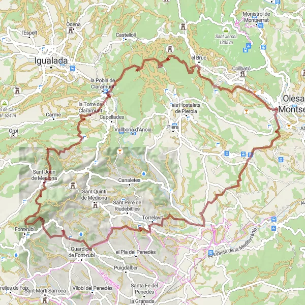 Map miniature of "Ultimate Gravel Challenge: Montserrat and Beyond" cycling inspiration in Cataluña, Spain. Generated by Tarmacs.app cycling route planner