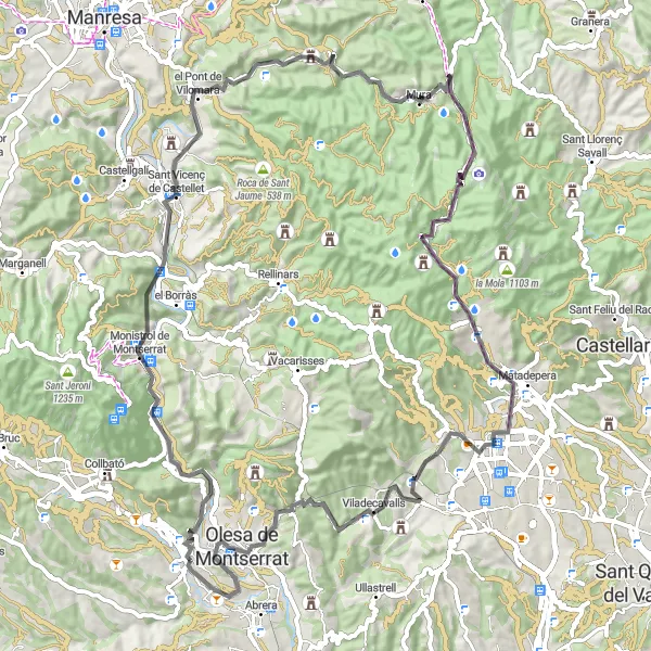 Map miniature of "Montserrat Peak Challenge" cycling inspiration in Cataluña, Spain. Generated by Tarmacs.app cycling route planner