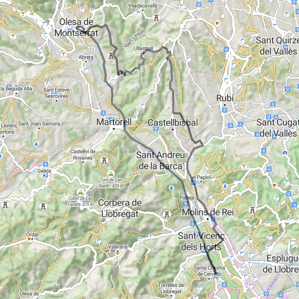 Miniature de la carte de l'inspiration cycliste "Route des Canyamassos" dans la Cataluña, Spain. Générée par le planificateur d'itinéraire cycliste Tarmacs.app