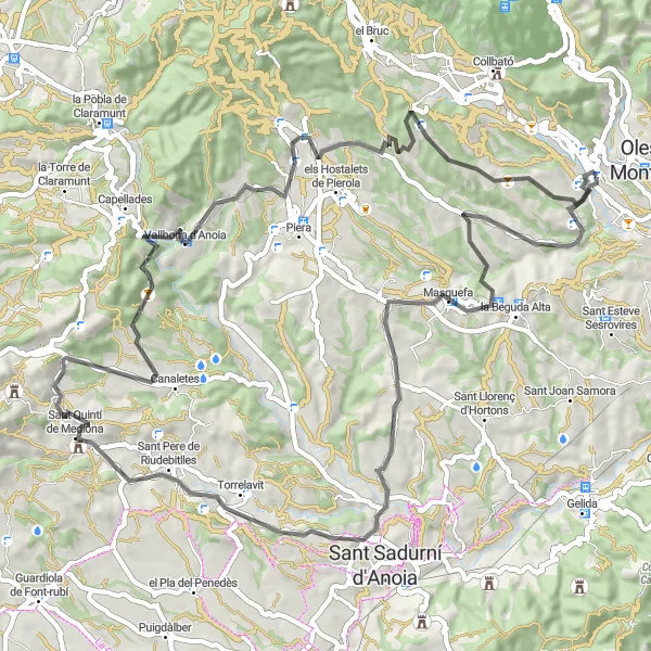 Miniatura della mappa di ispirazione al ciclismo "Tour ciclistico tra Esparreguera e Vallbona d'Anoia" nella regione di Cataluña, Spain. Generata da Tarmacs.app, pianificatore di rotte ciclistiche