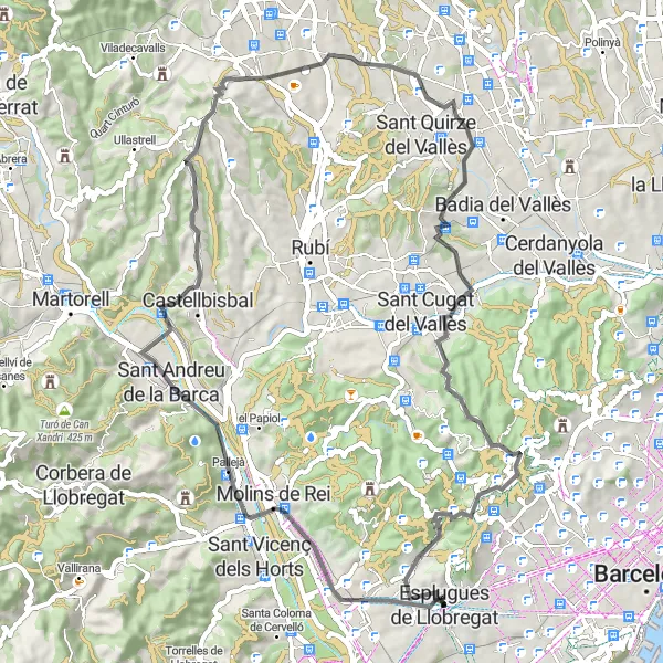 Miniatura della mappa di ispirazione al ciclismo "Giro in bicicletta da Esplugues de Llobregat" nella regione di Cataluña, Spain. Generata da Tarmacs.app, pianificatore di rotte ciclistiche