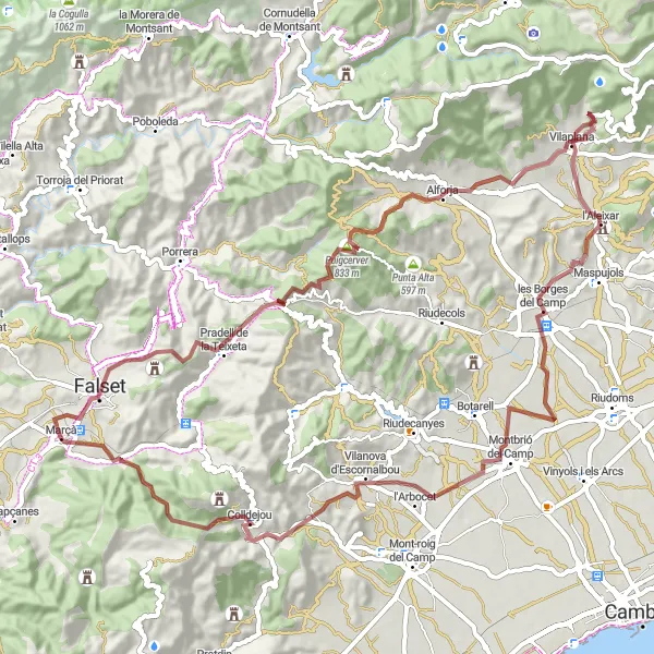 Miniatuurkaart van de fietsinspiratie "Avontuurlijke graveltocht door de heuvels van Cataluña" in Cataluña, Spain. Gemaakt door de Tarmacs.app fietsrouteplanner