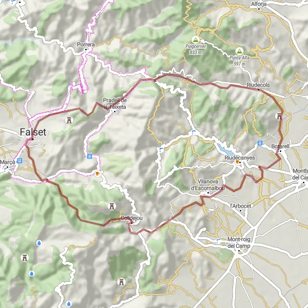 Miniatura della mappa di ispirazione al ciclismo "Il giro gravel intorno a Falset" nella regione di Cataluña, Spain. Generata da Tarmacs.app, pianificatore di rotte ciclistiche