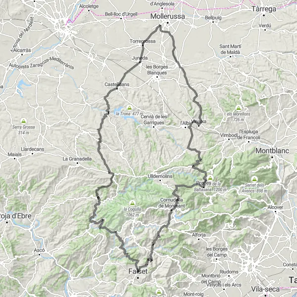 Miniatuurkaart van de fietsinspiratie "Uitdagende kustroute door Cataluña" in Cataluña, Spain. Gemaakt door de Tarmacs.app fietsrouteplanner