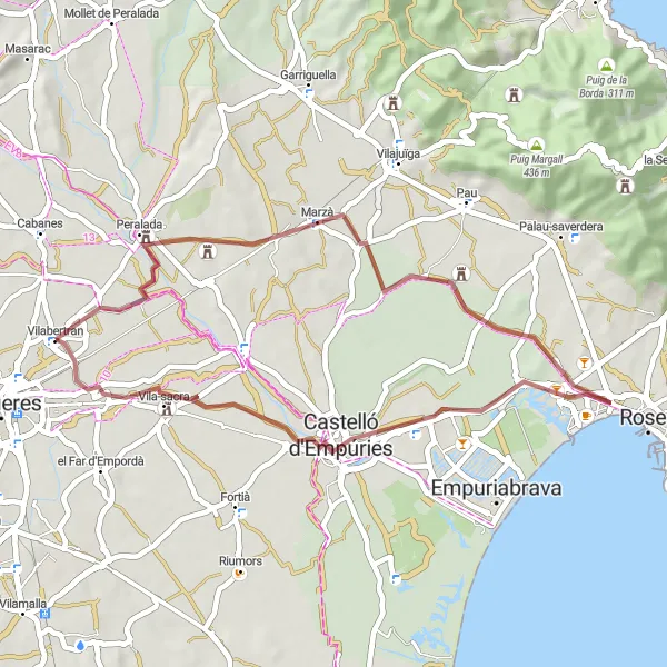 Miniatura della mappa di ispirazione al ciclismo "Giro Gravel tra Riserve Naturali" nella regione di Cataluña, Spain. Generata da Tarmacs.app, pianificatore di rotte ciclistiche