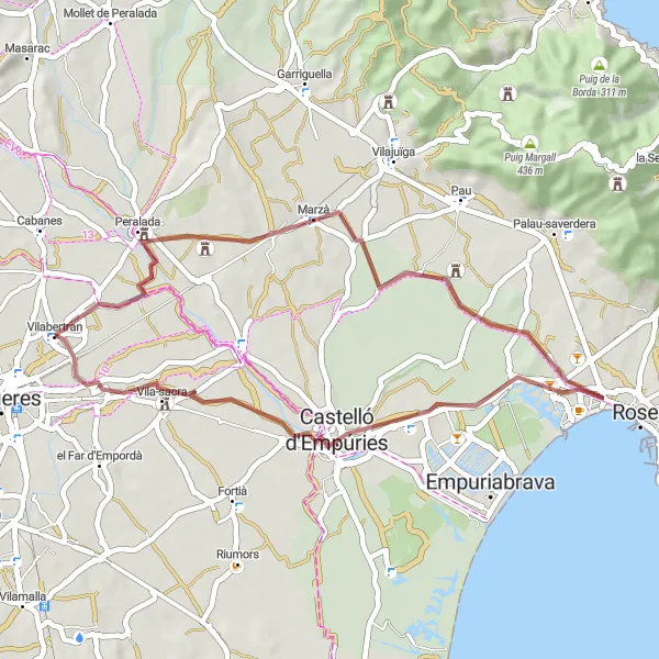 Miniatuurkaart van de fietsinspiratie "Gravelavontuur naar Vilabertran" in Cataluña, Spain. Gemaakt door de Tarmacs.app fietsrouteplanner