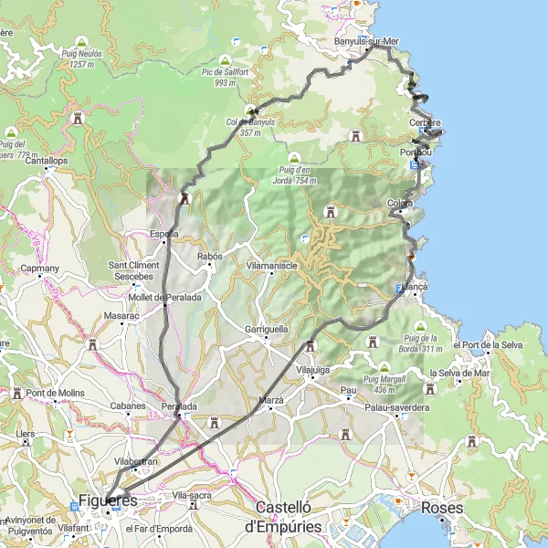 Map miniature of "The Border Adventure Circuit" cycling inspiration in Cataluña, Spain. Generated by Tarmacs.app cycling route planner