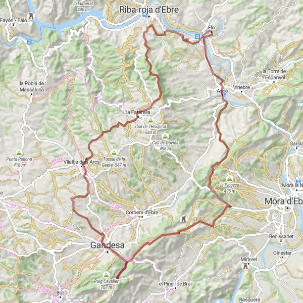 Miniatuurkaart van de fietsinspiratie "Gravelpad naar Ascó" in Cataluña, Spain. Gemaakt door de Tarmacs.app fietsrouteplanner