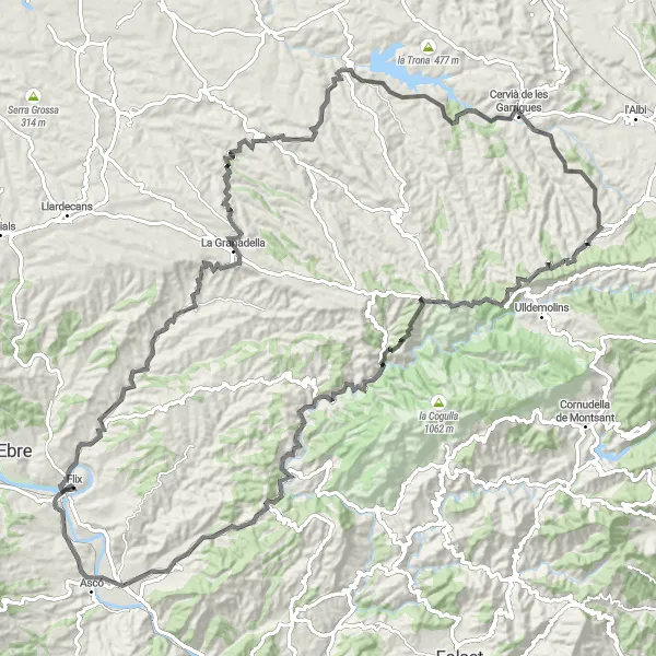 Miniatuurkaart van de fietsinspiratie "Ronde van Bovera" in Cataluña, Spain. Gemaakt door de Tarmacs.app fietsrouteplanner