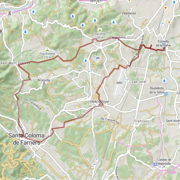 Miniaturní mapa "Gravelový okruh skrz Santa Coloma de Farners" inspirace pro cyklisty v oblasti Cataluña, Spain. Vytvořeno pomocí plánovače tras Tarmacs.app