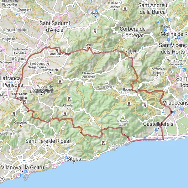 Miniatura della mappa di ispirazione al ciclismo "Percorso in bicicletta gravel verso Puig Beix e l'Ordal" nella regione di Cataluña, Spain. Generata da Tarmacs.app, pianificatore di rotte ciclistiche
