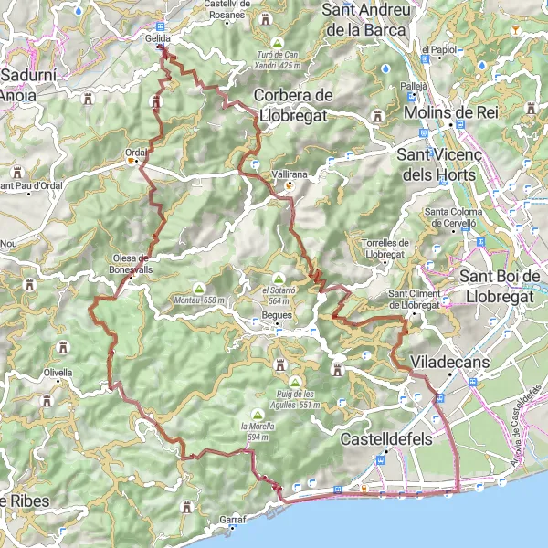 Miniaturní mapa "Gravelová cyklotrasa kolem Gelidy" inspirace pro cyklisty v oblasti Cataluña, Spain. Vytvořeno pomocí plánovače tras Tarmacs.app