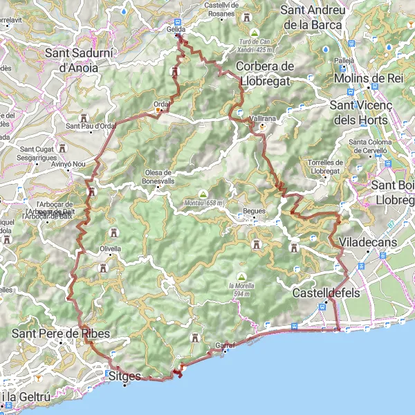 Miniatua del mapa de inspiración ciclista "Aventura en Gravel por Castelldefels y Sitges" en Cataluña, Spain. Generado por Tarmacs.app planificador de rutas ciclistas