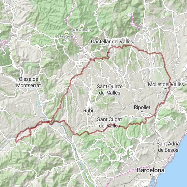 Map miniature of "The Gravel d'Alt Camp" cycling inspiration in Cataluña, Spain. Generated by Tarmacs.app cycling route planner