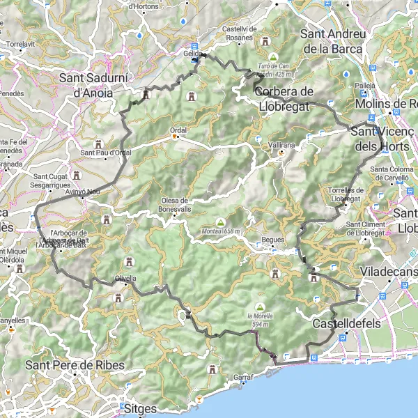 Miniature de la carte de l'inspiration cycliste "Défi des Cols et des Châteaux" dans la Cataluña, Spain. Générée par le planificateur d'itinéraire cycliste Tarmacs.app