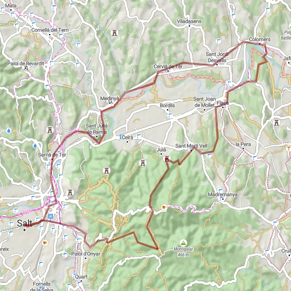 Map miniature of "Gravel Adventure Through Girona Countryside" cycling inspiration in Cataluña, Spain. Generated by Tarmacs.app cycling route planner