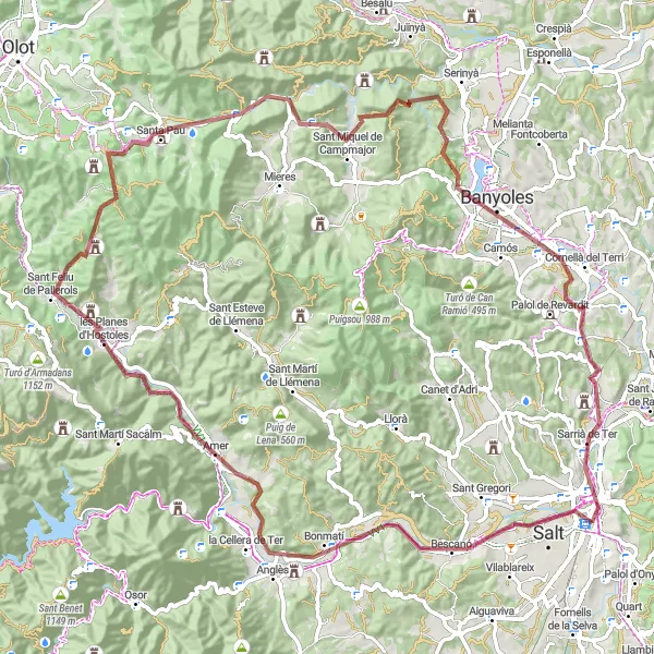 Miniaturní mapa "Gravel kolem Girony" inspirace pro cyklisty v oblasti Cataluña, Spain. Vytvořeno pomocí plánovače tras Tarmacs.app