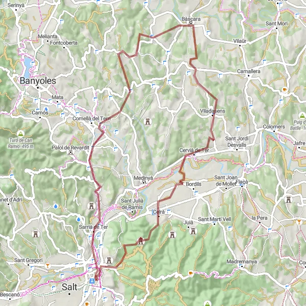 Miniaturní mapa "Gravel route through medieval towns" inspirace pro cyklisty v oblasti Cataluña, Spain. Vytvořeno pomocí plánovače tras Tarmacs.app