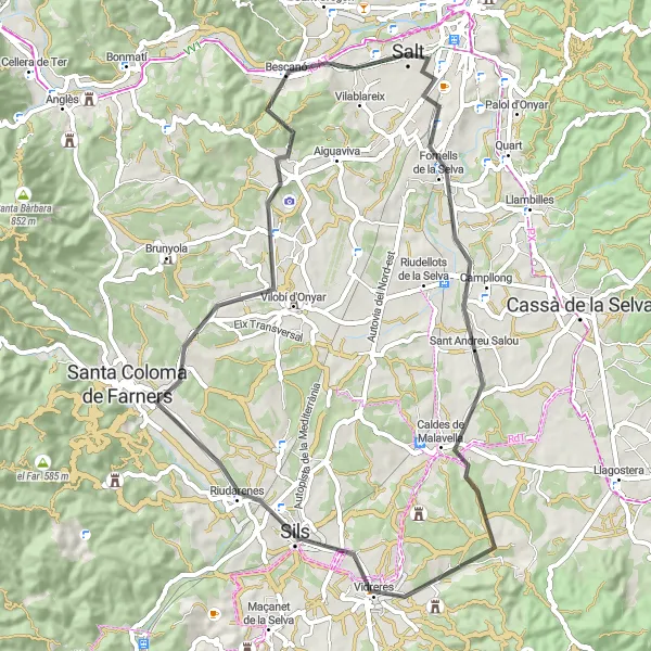 Miniature de la carte de l'inspiration cycliste "Les Collines Catalanes de Girona" dans la Cataluña, Spain. Générée par le planificateur d'itinéraire cycliste Tarmacs.app