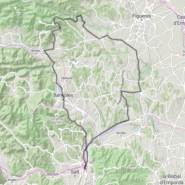 Miniatura della mappa di ispirazione al ciclismo "Sarrià de Ter - Castell de Montjuïc Road Route" nella regione di Cataluña, Spain. Generata da Tarmacs.app, pianificatore di rotte ciclistiche