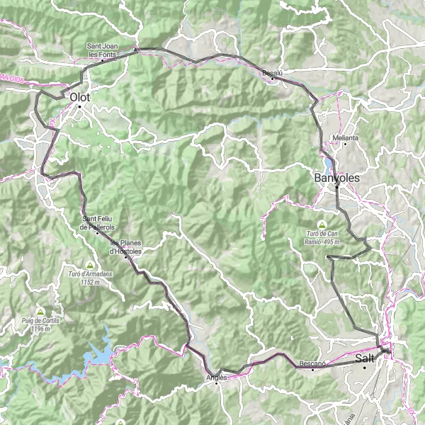 Miniatua del mapa de inspiración ciclista "Ruta de los encantos naturales de Girona (carretera)" en Cataluña, Spain. Generado por Tarmacs.app planificador de rutas ciclistas