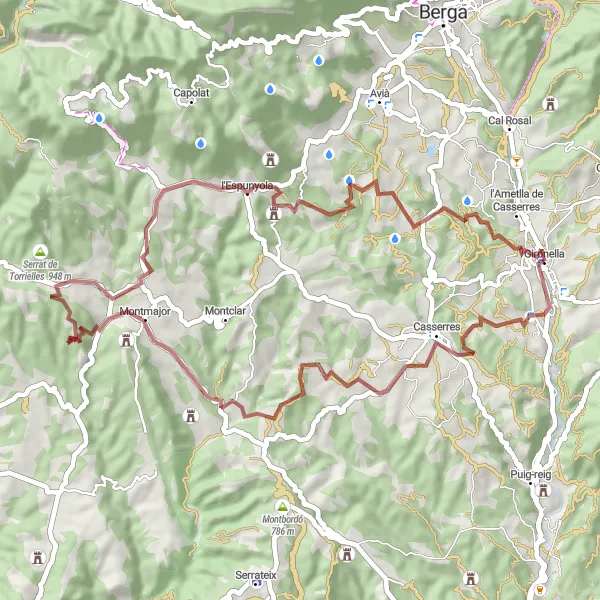 Miniatura della mappa di ispirazione al ciclismo "Natura incontaminata tra colline verdeggianti" nella regione di Cataluña, Spain. Generata da Tarmacs.app, pianificatore di rotte ciclistiche