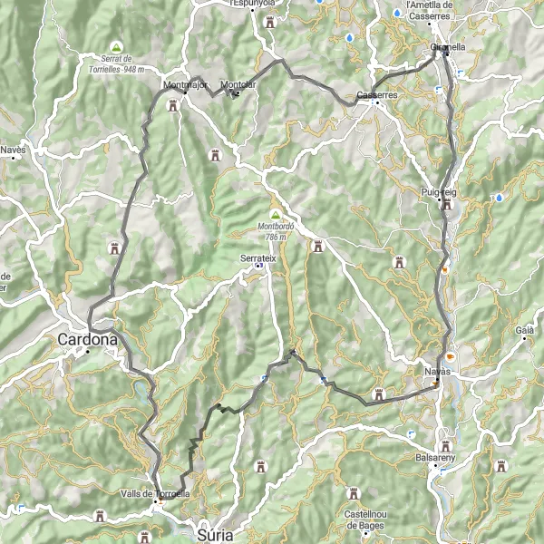 Map miniature of "Road Cycling Route from Gironella" cycling inspiration in Cataluña, Spain. Generated by Tarmacs.app cycling route planner