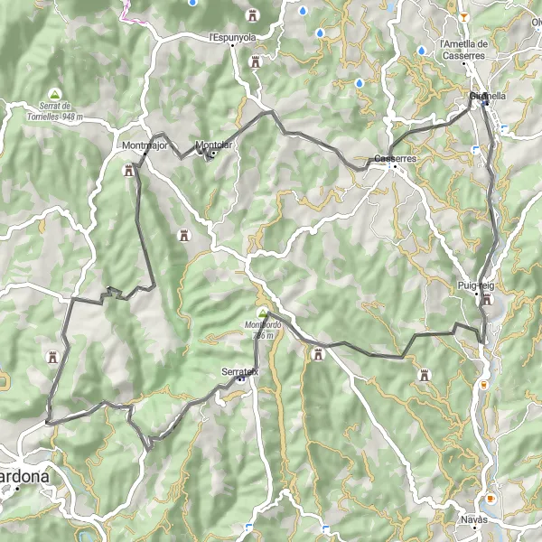 Miniatuurkaart van de fietsinspiratie "Roadtrip langs Torre de Montmajor en Serrat de Sant Ponç naar Gironella" in Cataluña, Spain. Gemaakt door de Tarmacs.app fietsrouteplanner