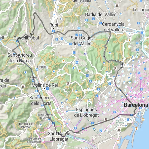 Map miniature of "The Llobregat Trail and Cerdanyola del Vallès" cycling inspiration in Cataluña, Spain. Generated by Tarmacs.app cycling route planner