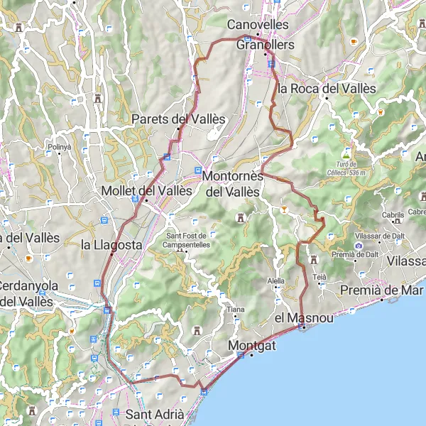 Miniatuurkaart van de fietsinspiratie "Off-road avontuur rond Granollers" in Cataluña, Spain. Gemaakt door de Tarmacs.app fietsrouteplanner
