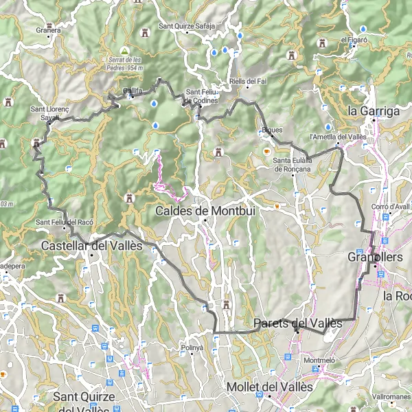 Miniature de la carte de l'inspiration cycliste "Les collines de l'arrière-pays de Granollers" dans la Cataluña, Spain. Générée par le planificateur d'itinéraire cycliste Tarmacs.app